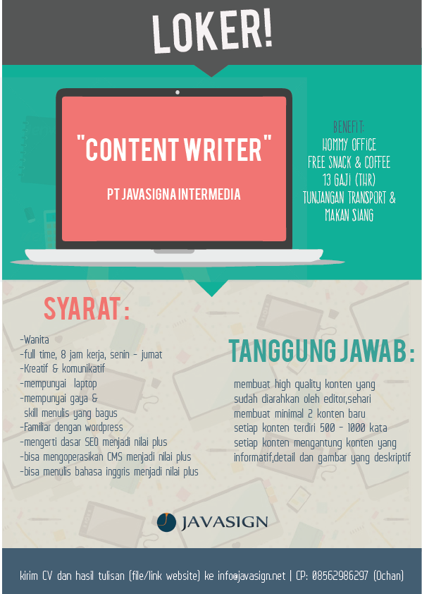 javasign's tweet photo. #jogja #jogjaloker #lowkerjogja #Lowker @Jogjaiklan @infojogja Content Writer II Fulltime II YK II info@javasign.net http://t.co/HSQoxrdZ7E