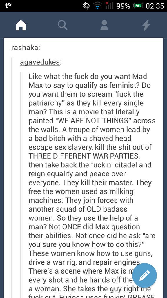 CarboV's tweet photo. A few things about Mad Max: Fury Road #tumblrpostnight #feminism http://t.co/GOlAXGmcxn