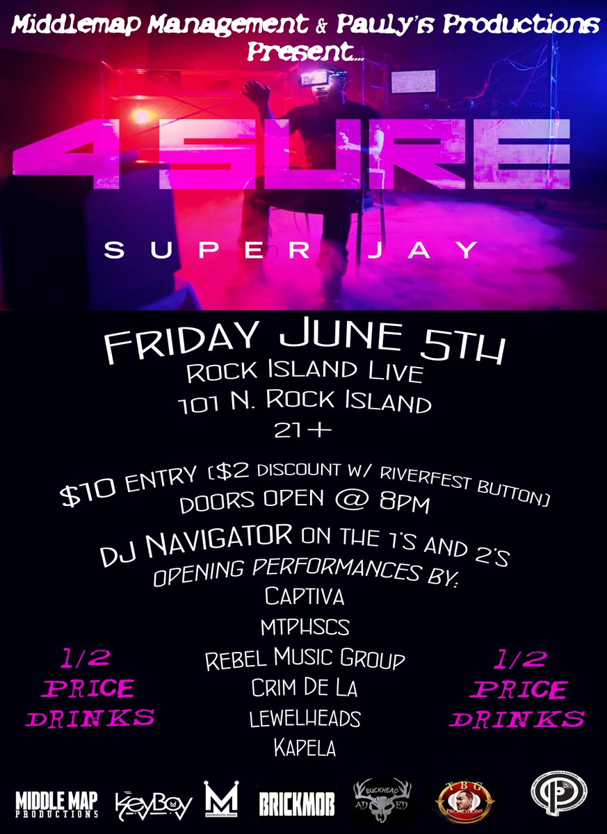 MiddleMap_Prod's tweet photo. this friday! #superjay #mtphscs plus tons more! 1/2 priced drinks all night @RockIslandLive #middlemap http://t.co/Vara2SaFnR