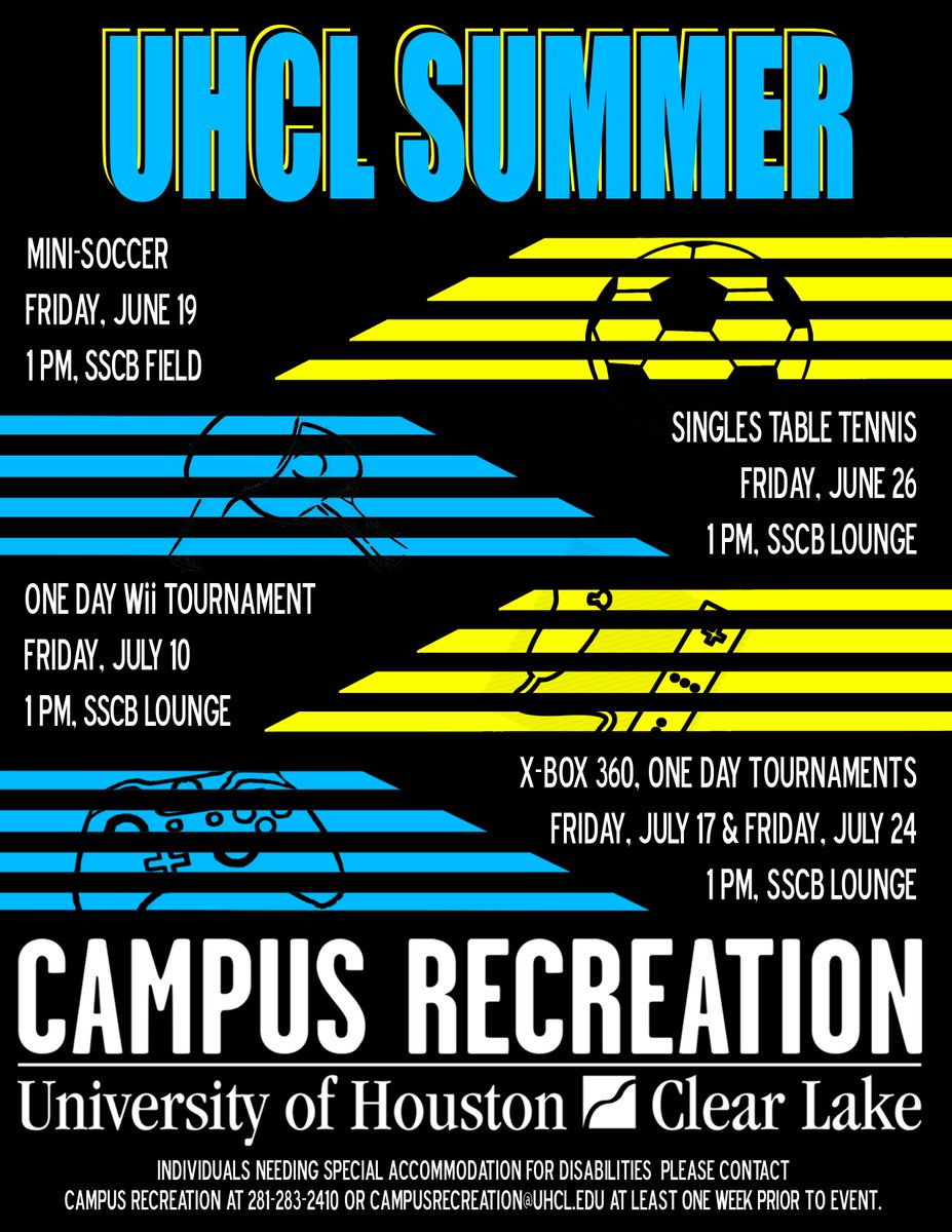 Hey #UHCL Hawks! Here are some events Campus Recreation is hosting this summer. Stay active!