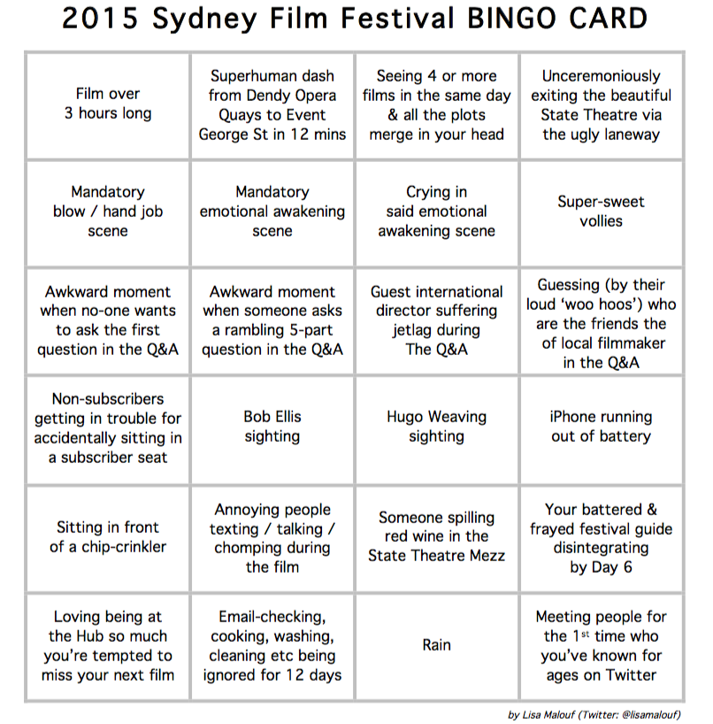 Here's my annual #SydFilmFest bingo card.

See how many squares you can cross off this year.

.