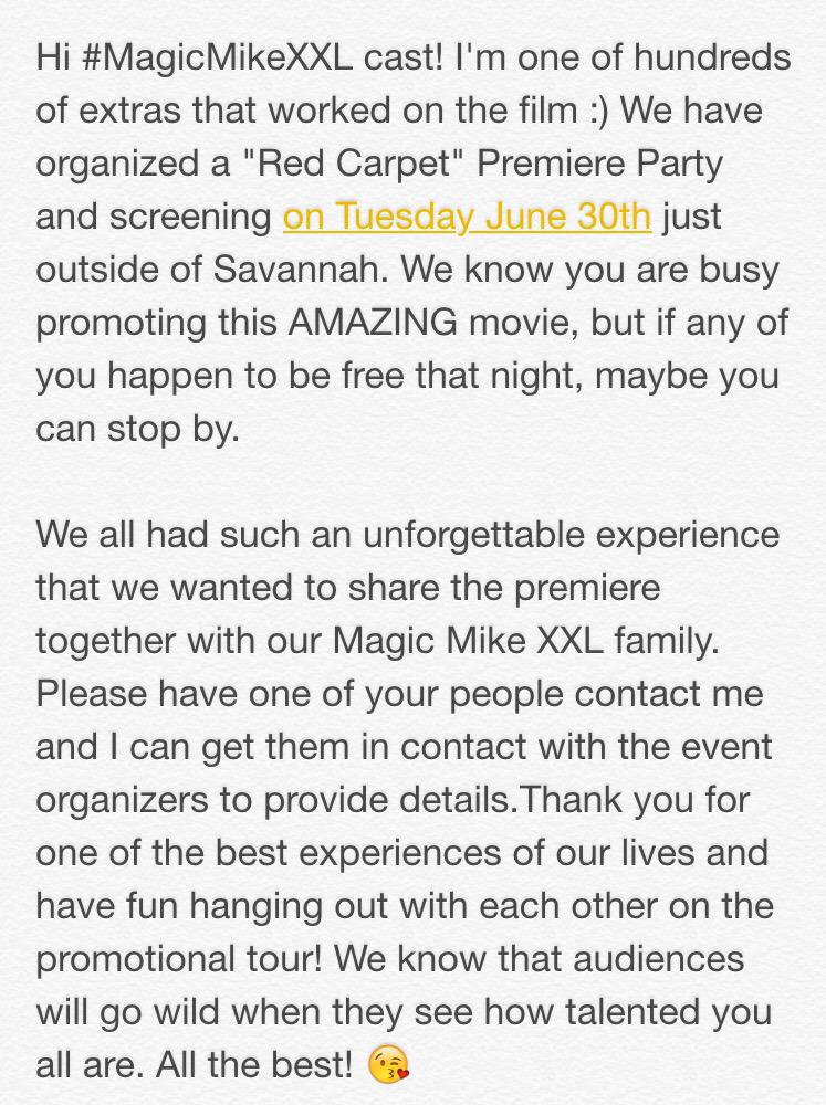 mslauralisa's tweet image. From:The #MagicMikeXXL Extras To: @channingtatum @MattBomer @_Adam_Rodriguez @JoeManganiello @RealKevinNash #MMXXLSAV