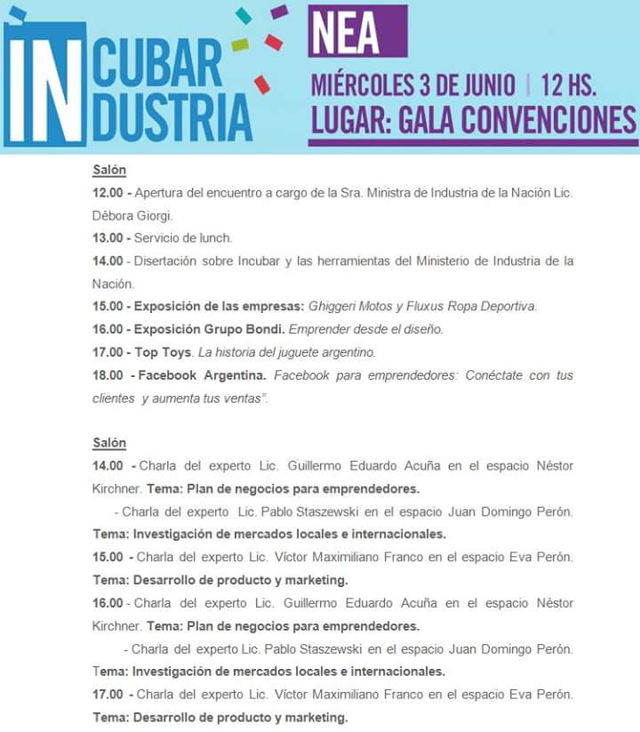 poloITChaco's tweet photo. El programa para hoy en #IN2015NEA el encuentro de #Emprendedores organizado por @INDUSTRIA_ARG Allí estaremos! http://t.co/JJ5rVuWnJn