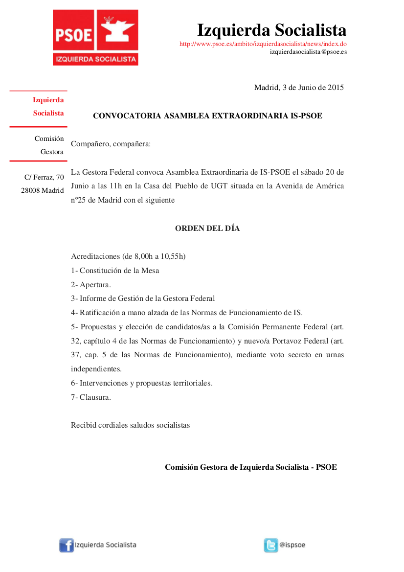 IS_psoeex's tweet image. Convocatoria Asamblea Federal IS, 20 de junio a las 11 h, casa del pueblo de la UGT (Madrid)
