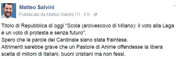 matteosalvinimi's tweet photo. Repubblica: "#Scola, voto a #Lega è voto di protesta e senza futuro". Spero arcivescovo sia stato frainteso! #Salvini http://t.co/H9JwjLaucx