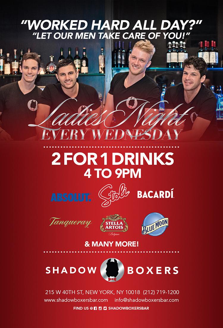 shadowboxersbar's tweet photo. LADIES NIGHT WEDNESDAYS... 2 FOR 1 DRINKS 4 TO 9PM!! @shadowboxersbar  (215 W. 4Oth btw 7th &amp; 8th) http://t.co/shEuUxKaqZ