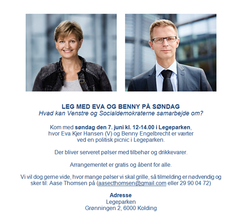 Eva Kjer Hansen (@evakjerhansen) on Twitter photo Leg med <a href="/BennyEngelbrech/">Benny Engelbrecht</a> og mig på søndag :-) #dkpol #fv15 #fv15syd #Kolding <a href="/TVSYD/">tvSyd</a> <a href="/wwwjvdk/">JydskeVestkysten</a> Leg med <a href="/BennyEngelbrech/">Benny Engelbrecht</a> og mig på søndag :-) #dkpol #fv15 #fv15syd #Kolding <a href="/TVSYD/">tvSyd</a> <a href="/wwwjvdk/">JydskeVestkysten</a>