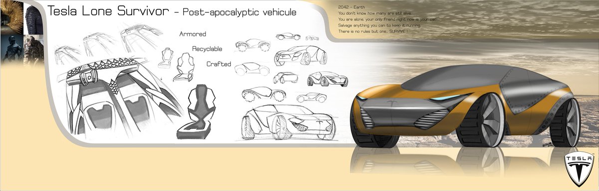 Adam_ElChaar's tweet photo. Tesla post-apocalyptic vehicle, project done in 3 days #design #automotive #student #internship #tesla #car #creapole http://t.co/I7rdEy2CL1