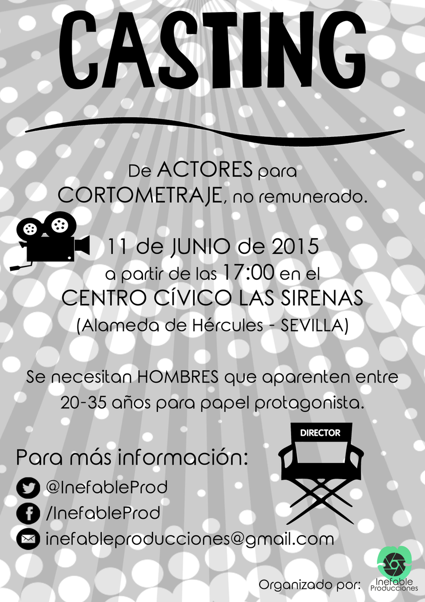 InefableProd's tweet photo. No te pierdas nuestro #CASTING el próximo 11 de JUNIO de 2015 en #SEVILLA para #CORTOMETRAJE ¡No faltes! RT http://t.co/53eccl2jWs