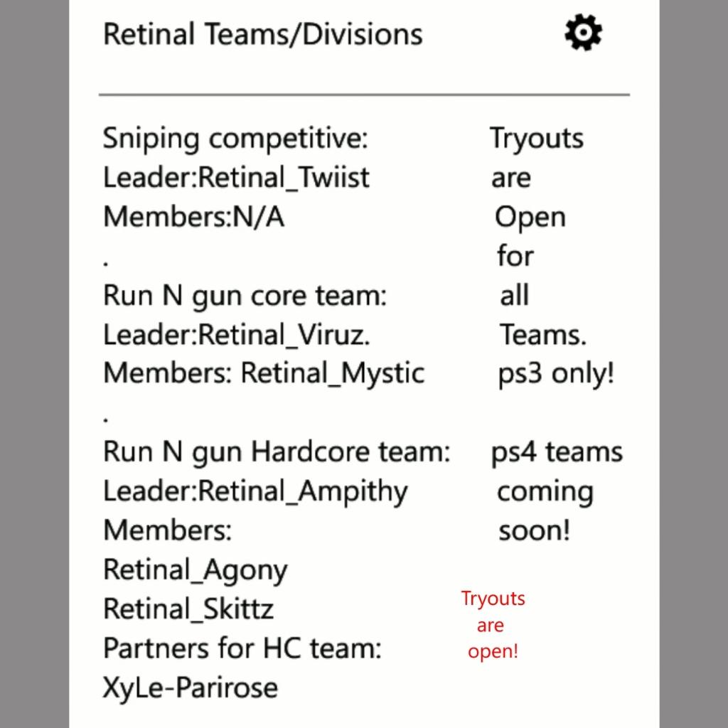 RetinalAgony's tweet image. Tryouts are now open for the following teams! Kik me:retinal_Leader for the info and tryout questions!