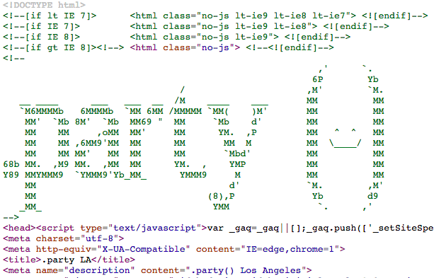 TylerCushing's tweet photo. I always love finding #ASCIIArt in the Page Source. Hat-tip to @dotparty and @notch. See you soon. #HackThePlanet http://t.co/wMtHcKx1Ol