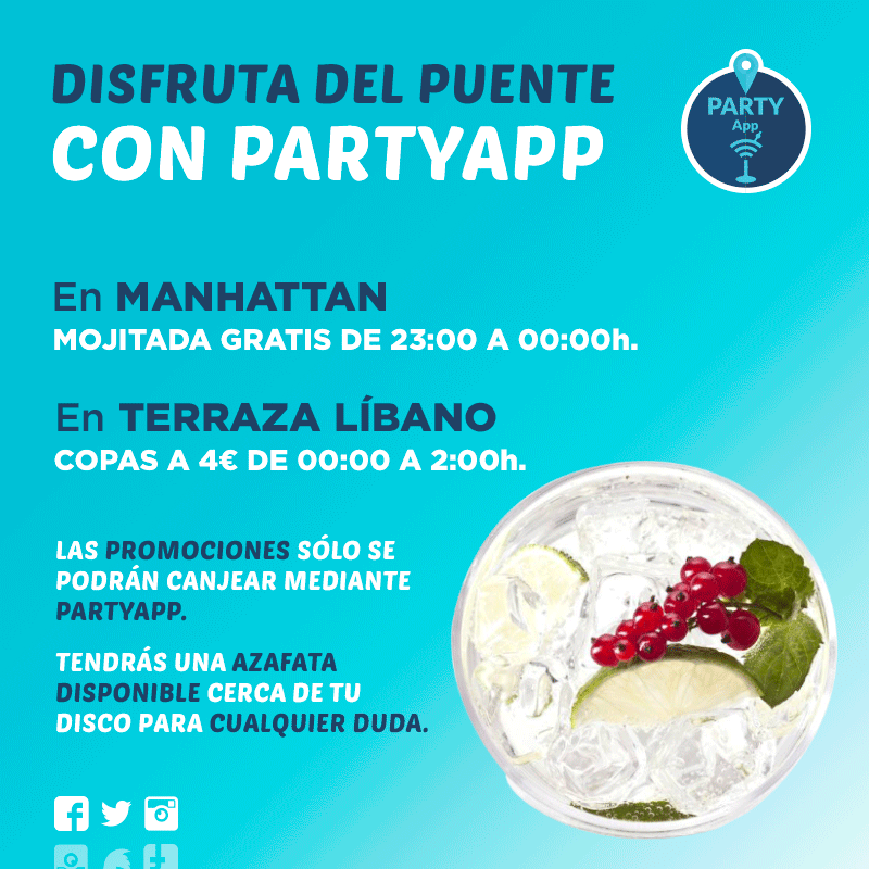 _PartyApp's tweet image. ¡Comenzamos el puente con fuerza! Esta noche tendrás promociones en Manhattan Sevilla RIVER BAR y Libano Terraza
