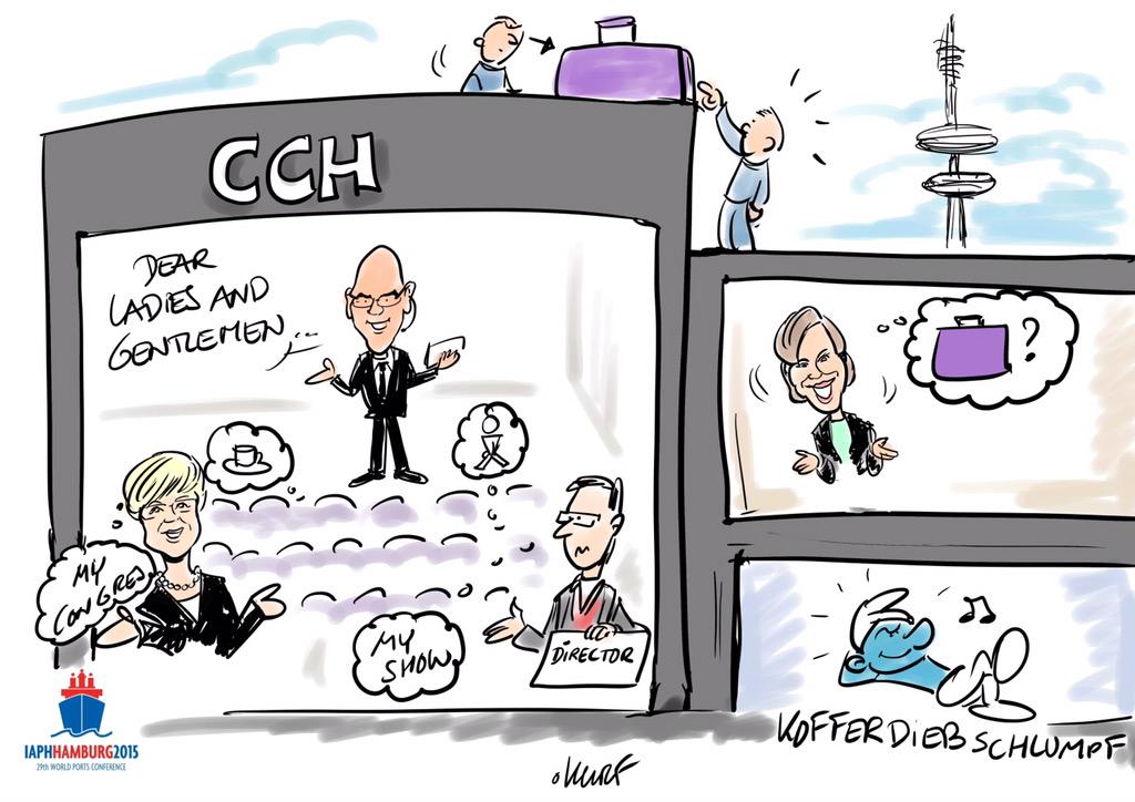 Maxboodie's tweet photo. Bommelding tijdens de #IAPH2015. Best apart als dagvoorzitter. Vals alarm. Reden voor een cartoon van @johnkurf http://t.co/K0X6pMcmbZ