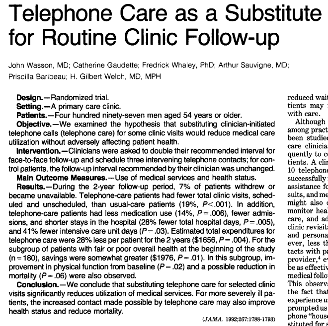 Here's the abstract of the telephone visit randomized trial. #IHIAlliance