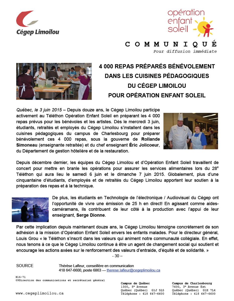 SCCPQ's tweet photo. 4 000 REPAS PRÉPARÉS BÉNÉVOLEMENT DANS LES CUISINES PÉDAGOGIQUES
DU CÉGEP LIMOILOU POUR OPÉRATION ENFANT SOLEIL http://t.co/2G7tUEOxs3