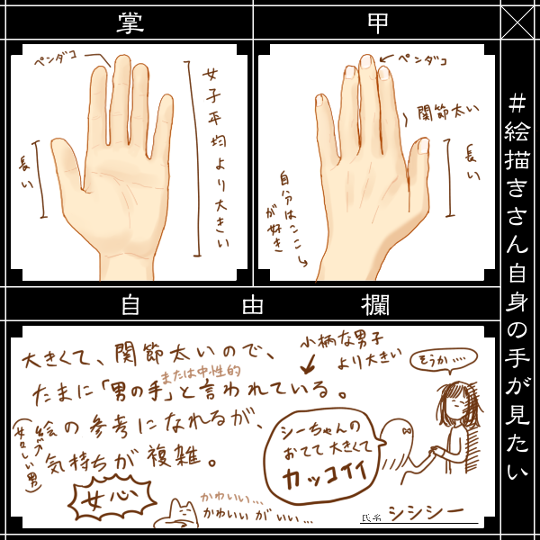 #絵描きさん自身の手が見たい
面白いからやってみた(作業に戻れよお前)
うーん 自分も絵描きさんの手がどんな感じなのかなーって
長身女子でも可愛いと言われたいよ... 