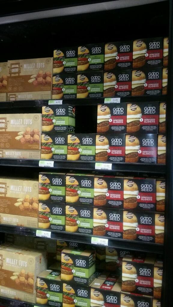 Goodseedburger's tweet image. Packed shelves and delicious #hemp burger bites @WFMBoulder Pearl Street today all day. #boulderburgers #demolife