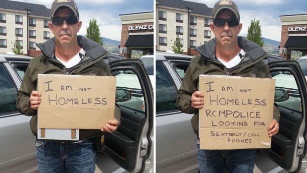 CBCNews's tweet image. How a panhandling cop catches drivers using their cell phones on the road: cbc.ca/1.3098833