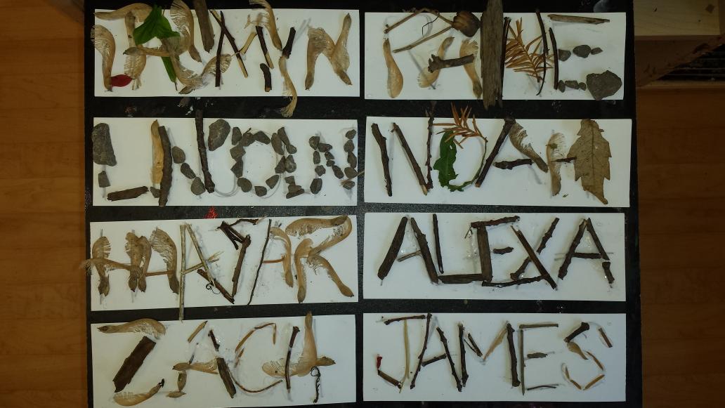 AlainaStandring's tweet image. Students used sticks, leaves, stones, petals &amp;amp; pine needles to create these beautiful #naturenames. #outdoorlearning