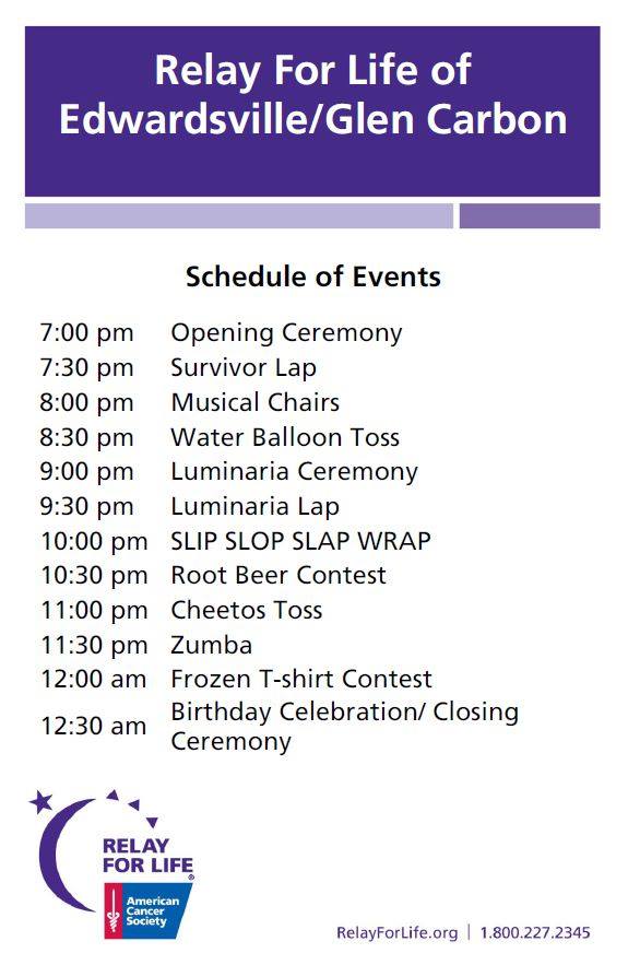 Relay_EdwGC's tweet image. We're ready for Relay on Friday! Are you? Check out all the activites we have in store! #edwardsville #glencarbon