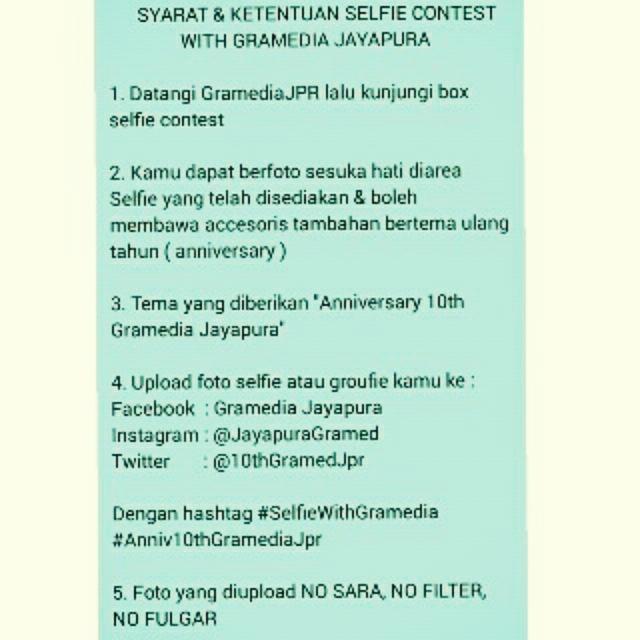 10thGramedJpr's tweet photo. Ayooo guys upload foto selfie kamu bertemakan Gramedia Jayapura 10 th,dan mungkin kamu yg dapat hadiah yg AWESOME !! http://t.co/rAQ6SEW9ps