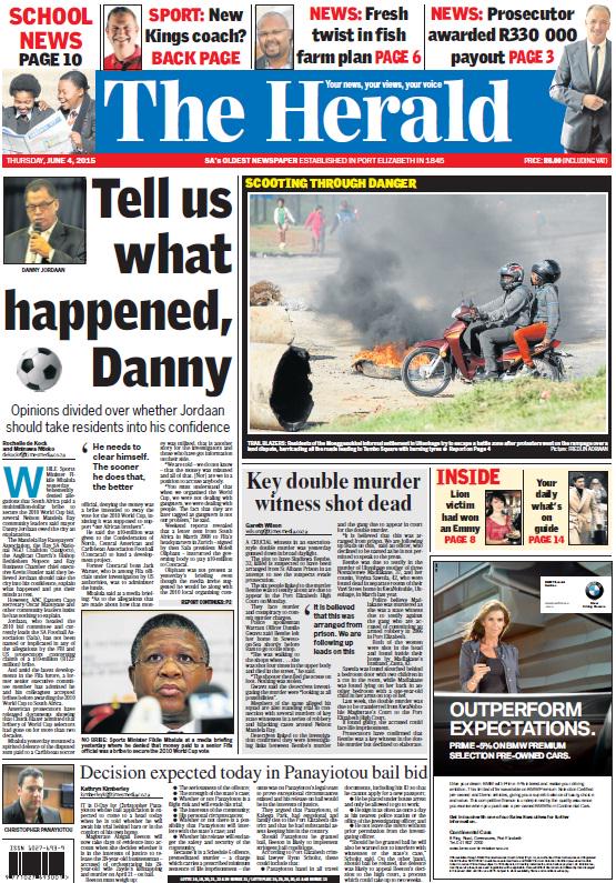 HeraldNMB's tweet photo. Today in The Herald #ChristopherPanayiotou #Fifa #DannyJordaan #witnessmurder http://t.co/ywdahNXkg1