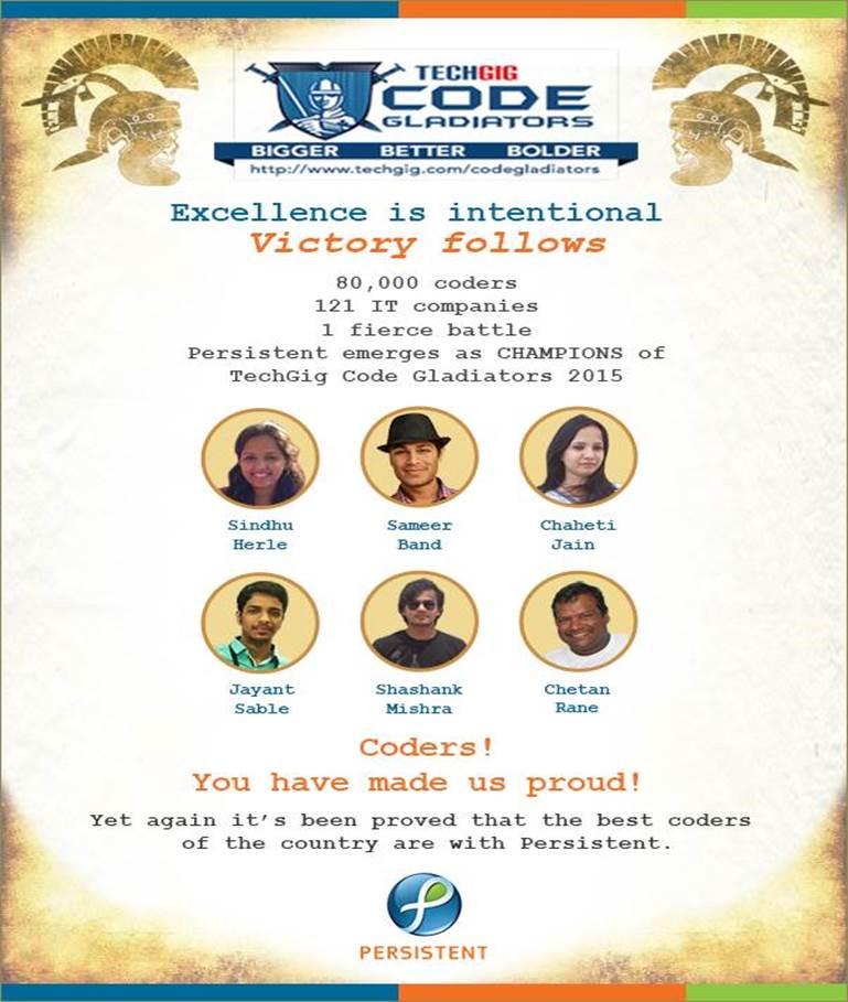 eMee_Insights's tweet photo. Congratulations to @Persistentsys team for emerging as the champions of TechGig #CodeGladiators2015 http://t.co/TqTz0JOQJL