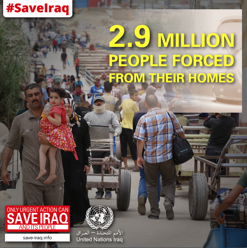 IOMIraq's tweet photo. More than 2.9m Iraqis are displaced by violence, with millions more in need of assistance. $497m needed to #SaveIraq http://t.co/DwuiuZB9ey