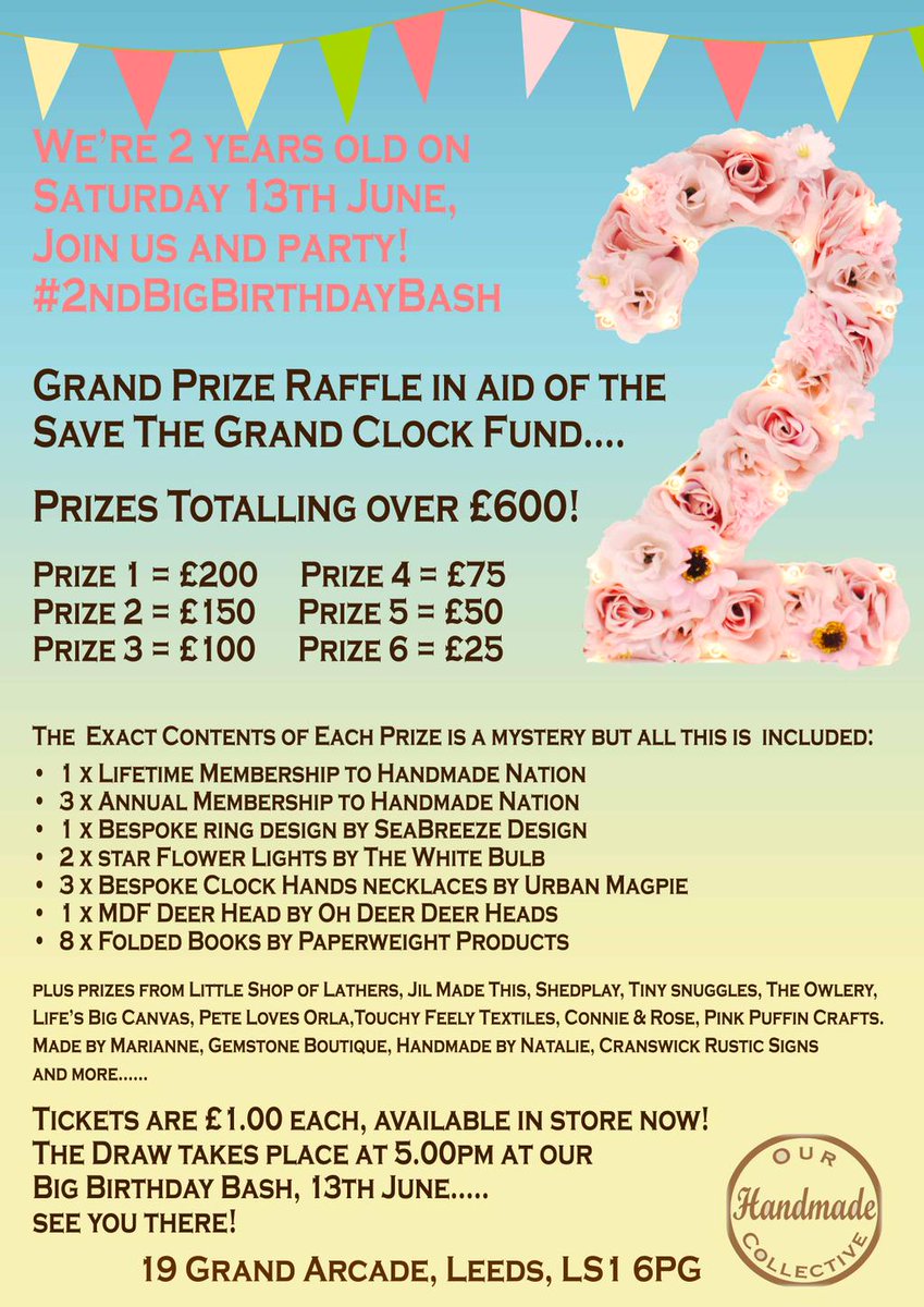 ourhandmadecoll's tweet photo. #leeds HUGE grand prize raffle for @SaveGrandClock, over £600 worth of prizes! Get your tickets instore now! #NQLeeds http://t.co/E4FXwWJnGT