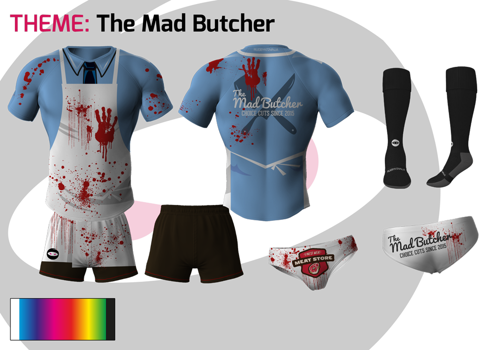 RugbyKitNinja's tweet photo. Are you mad enough to wear this??  The Mad Buthcer @RugbyKitNinja Ideal for 7s, tour and beach rugby!! http://t.co/5SxmZnQwW1