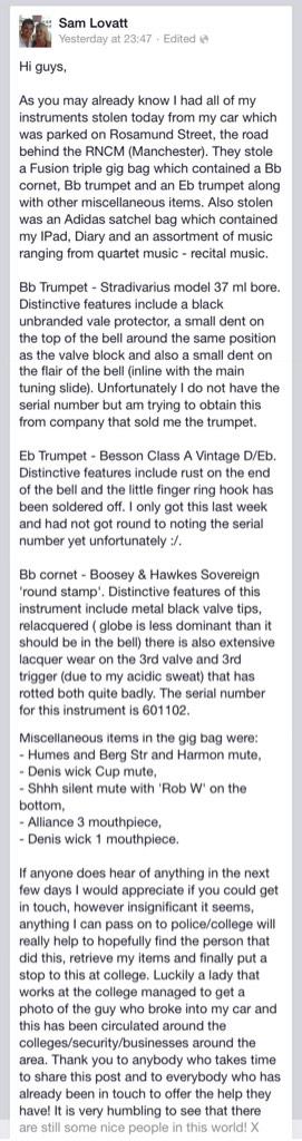 Our Sam had 3 instruments stolen: Bb trumpet,Eb vintage trumpet &amp; Bb cornet in Fusion gig bag. Please RT <a href="/4barsrest/">4barsrest.com</a>