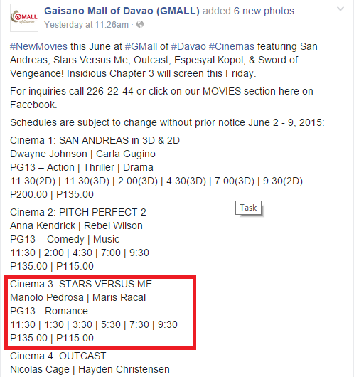 MarHzx's tweet photo. To all DavaoeΓ±os out there, you can watch #StarsVersusMe at Gaisano Mall of Davao. @MARSTELLARACAL
Schedule: π http://t.co/tiF10YwC5J