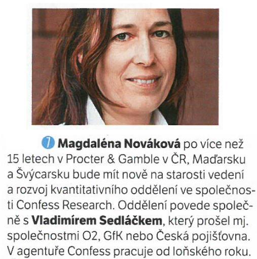CONFESSResearch's tweet image. Magda Nováková nově povede naše kvantitativní oddělení. Informoval o tom týdeník #MarketingSalesMedia (23/2015)