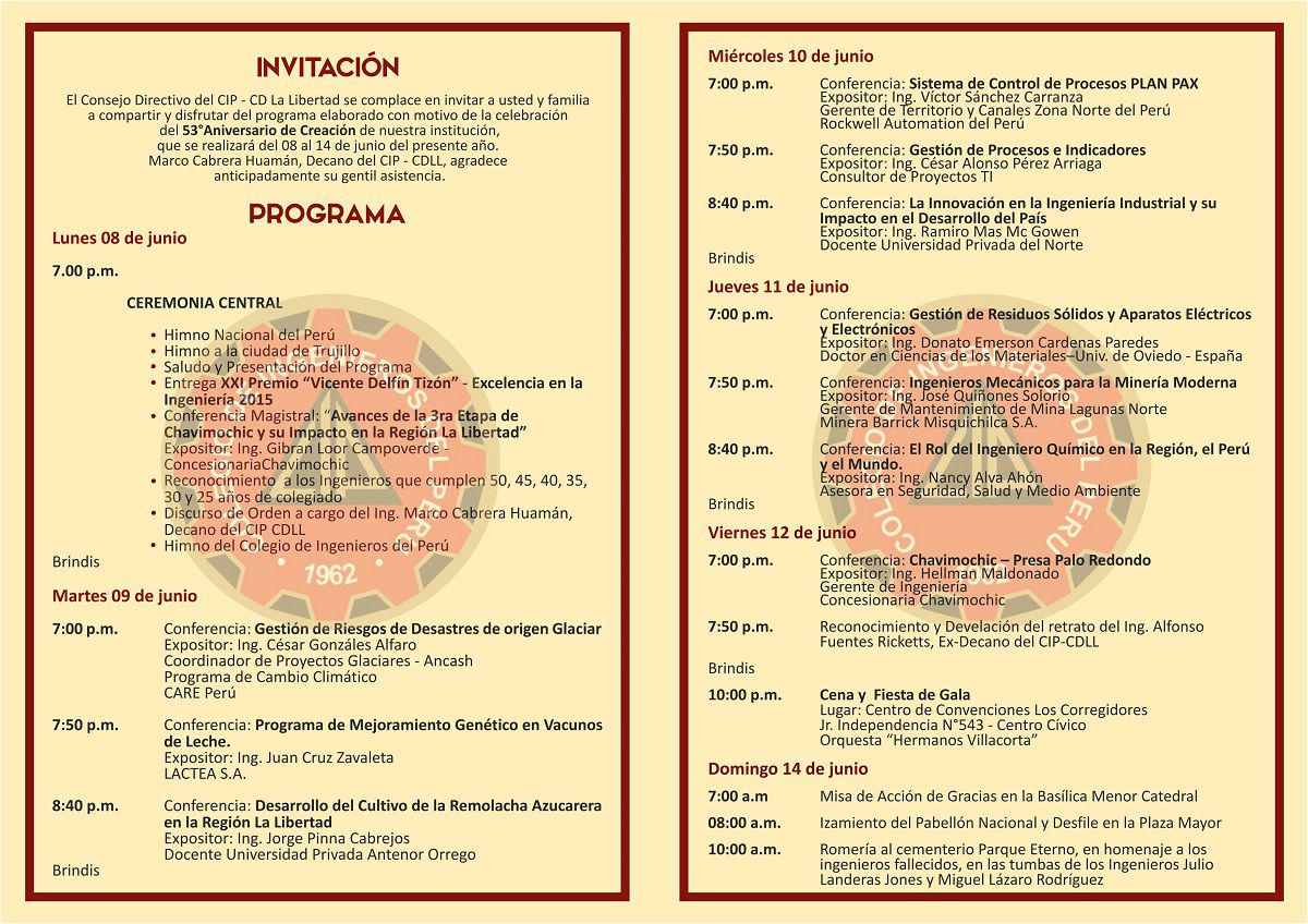 Programa de la Semana de Ingeniería 2015
Aniversario Institucional 53 años