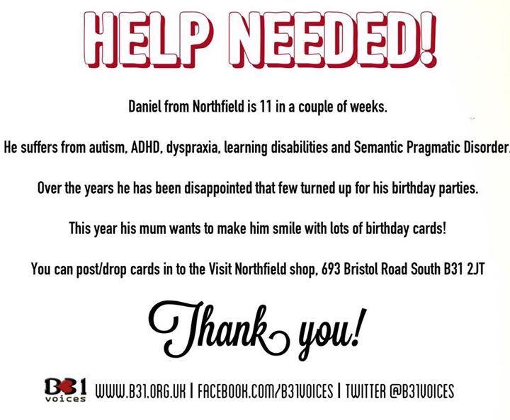 B31Voices's tweet image. Can you help make Dan smile? :) Pop cards to the Northfield Community Partnership shop @Northfieldpship