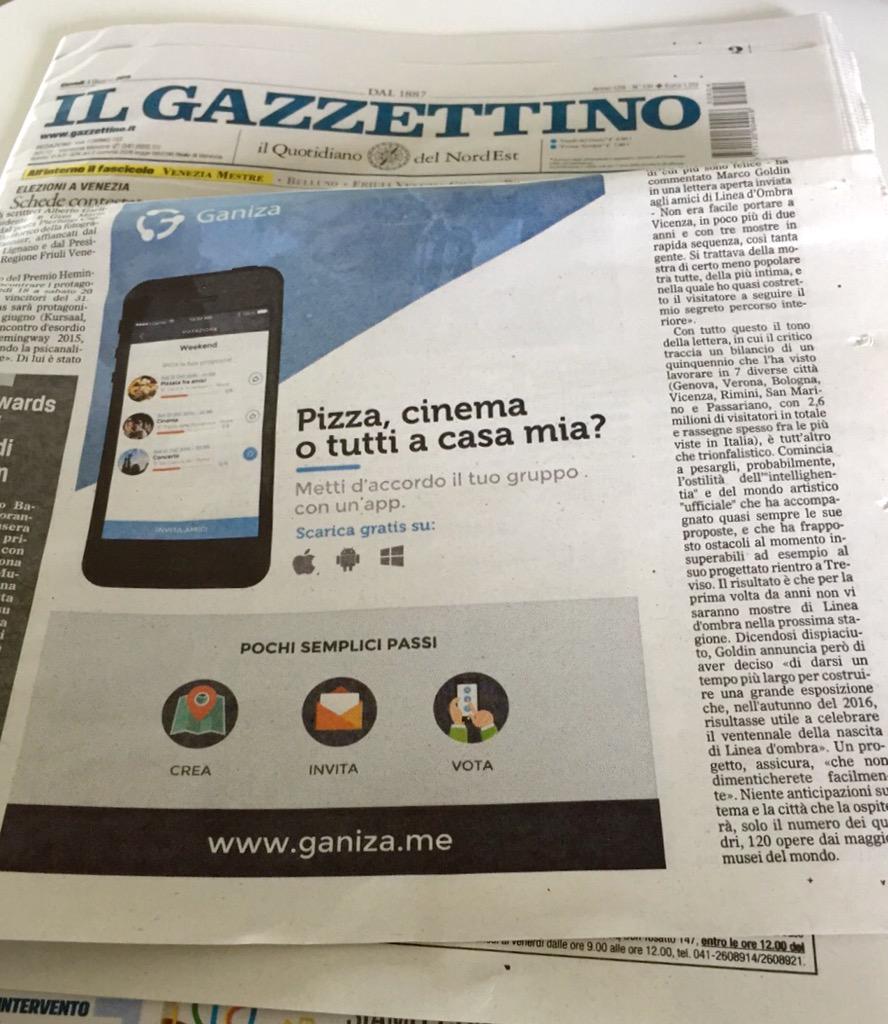 Oggi siamo sul <a href="/Gazzettino/">Gazzettino</a>! Che facciamo stasera? Decidi velocemente insieme ai tuoi amici grazie a Ganiza #wcap
