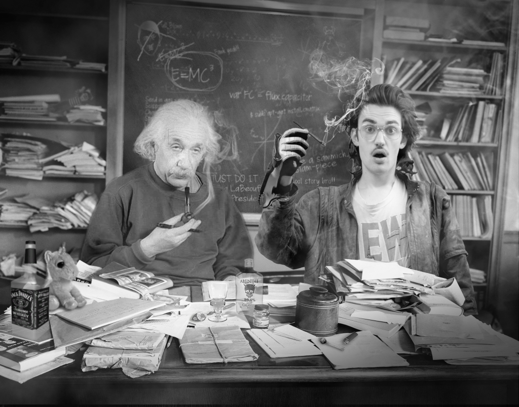scottcprice's tweet photo. I found hackerman teaching Einstein a few things about the spacetime continuum #whereishackerman http://t.co/psHZ2FaqDy