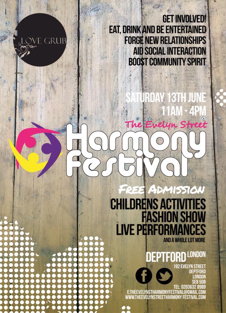 Local event 'The Evelyn St Harmony Festival' <a href="/Evelynfestival/">Evelyn Festival</a> this Sat 13-Jun-15 from 11-4pm #SupportLocal #Deptford