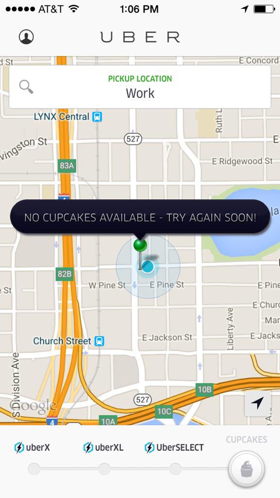 d2thepalo's tweet photo. @Uber been refreshing my app since 12:59 &amp; when the option for cupcakes finally shows up, this is what I get. #com'on http://t.co/5iuImIGgfi