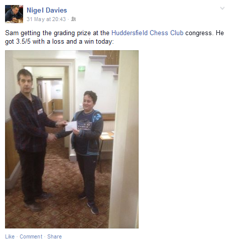 Wrexham_Chess's tweet photo. #Wrexham_Chess Club member, Sam Davies, wins the U125 grading prize at #Huddersfield #Chess Congress with a 147 TPR! http://t.co/xUQpXzLo4v