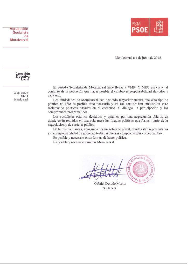 Acabamos de formalizar el inicio de las negociaciones con <a href="/PSOEdeMoral/">PSOE DE MORAL🌹</a> quien nos ha dado esta carta...