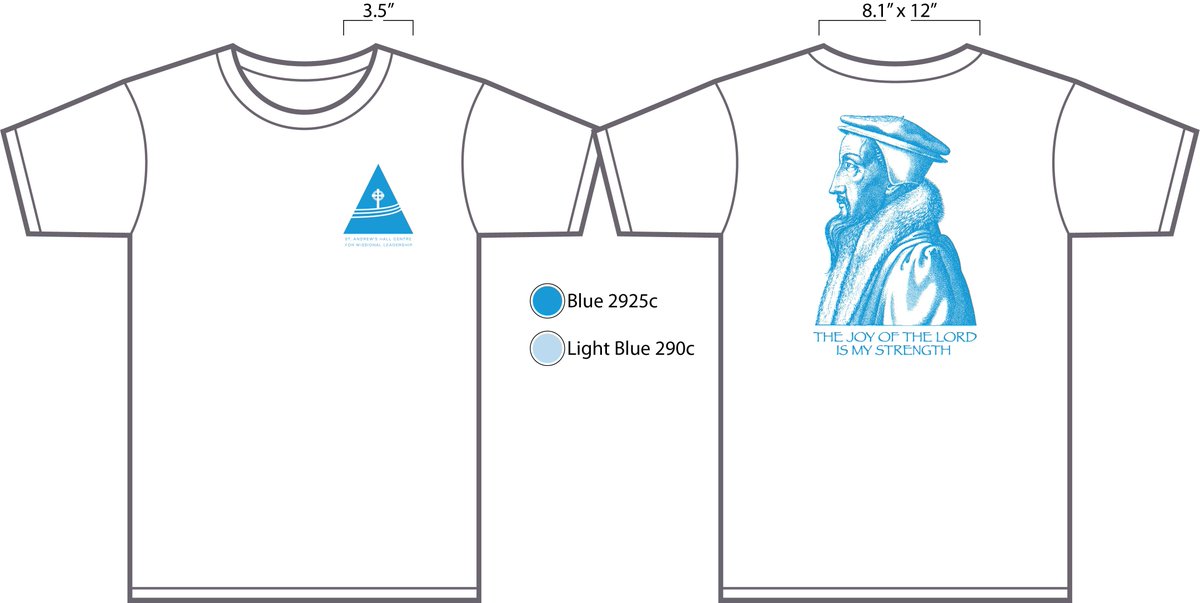 rossalockhart's tweet photo. St. Andrew's Hall T-Shirts with a dour John Calvin selling like hotcakes at General Assembly!  $20  #ga141 http://t.co/pN0BMvNuRw