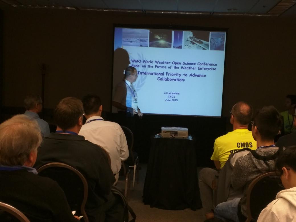 MuketyMuk's tweet image. #CMOS2015 #JimAbraham talk on the #WMO #Future of #Weather #Open #Science Conf.