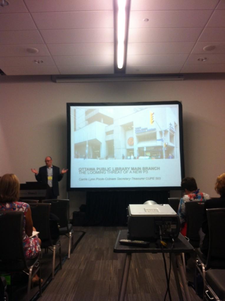 CUPEMarj's tweet photo. David MacDonald (CCPA) speaks on the costs and consequences of library privatization at #CUPE session #CLAOtt15 http://t.co/hjZKR0rsuz