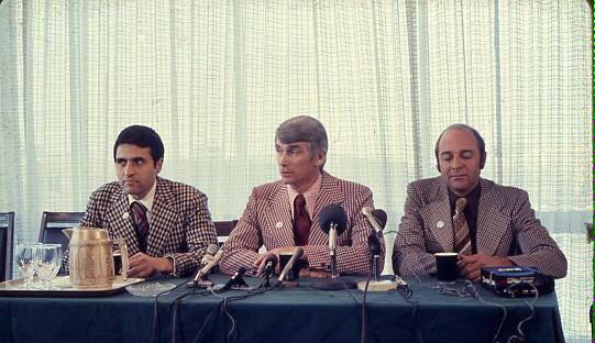 Apollo 17 crew Schmidt, Cernan &amp; Evans answer questions in the <a href="/NebraskaUnions/">UNL Nebraska Unions</a> during a 1973 visit to <a href="/UNLincoln/">University of Nebraska-Lincoln</a> #tbt