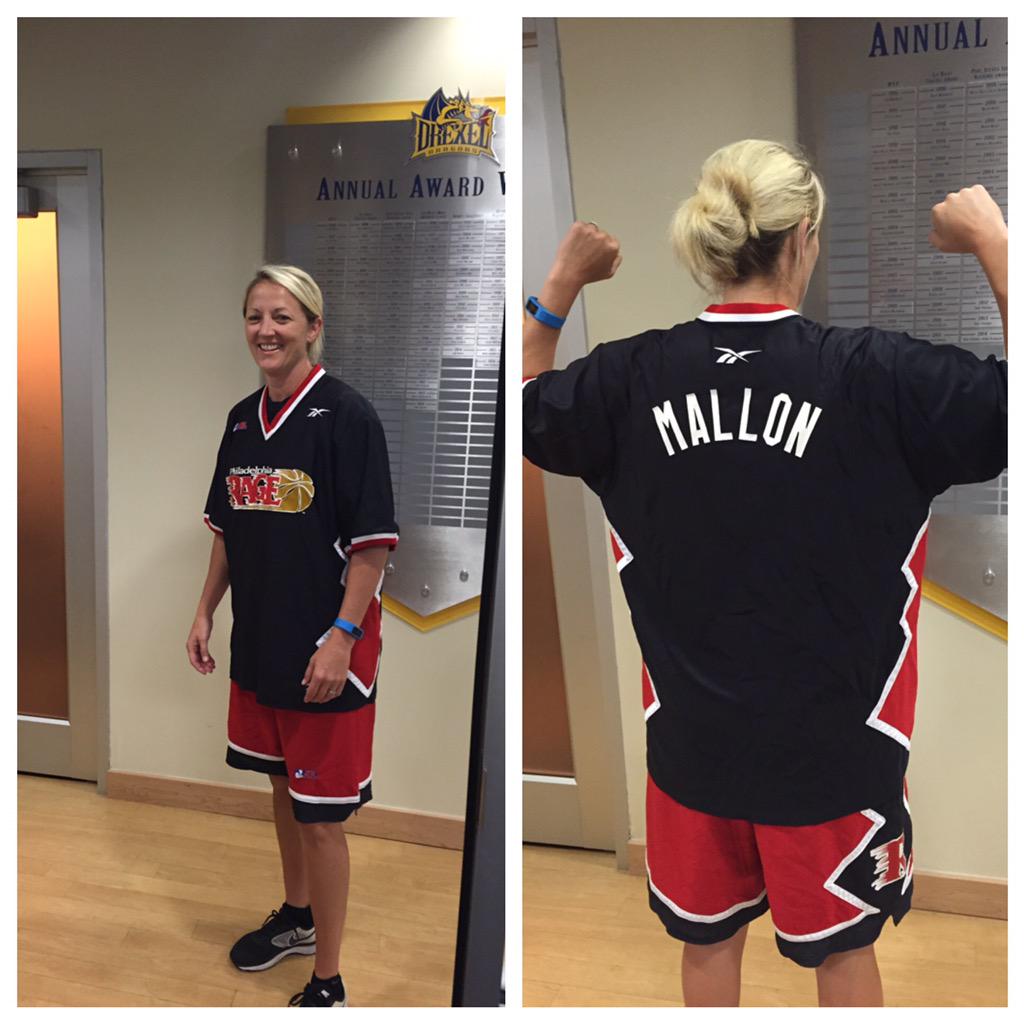 DrexelWBB's tweet photo. S/O to Coach Amy for wearing her Philadelphia Rage Uniform today in the office #ShinyMaterial #ABL #TBT #StillGotIt http://t.co/udHSGqvvii