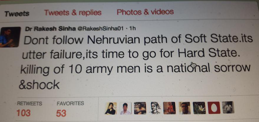 RakeshSinha_FC's tweet photo. RSS ideologue @RakeshSinha01 ji advises govt to abandon Nehruvuan Soft state policy ,go for Hard state @narendramodi http://t.co/BlBuX2sjE6
