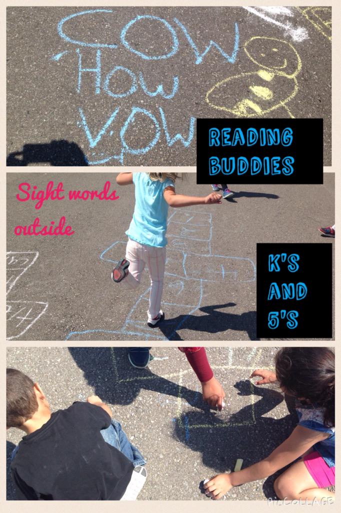 KindreeCoyote's tweet photo. Ms.Muir's gr.5s &amp; Ms.Roque/Babouli's kindies wrote rhyming words and played games on the hardtop. @PeelSchools http://t.co/4orohRiDAK