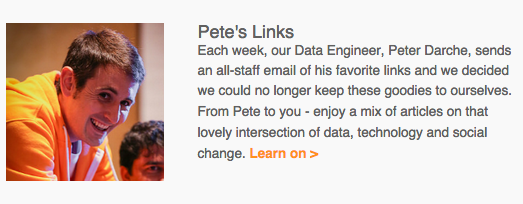 DataKind's tweet photo. Our latest newsletter! 2 open DK jobs, 6 DataDives and 7 must-read links from our own @Pdarche http://t.co/DvnflgKEMv http://t.co/cHsdfaCdBe