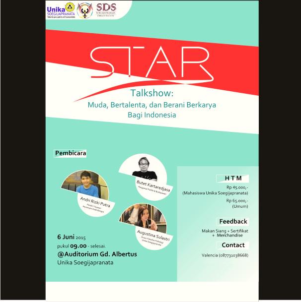 BEMSCU's tweet photo. TALKSHOW STAR
Sabtu/6 Juni 2015
pk 09.00
Butet Kartaredjasa,Andri Rizki Putra,Augustina Sulastri
087731038668 http://t.co/qGSVz0ncC9